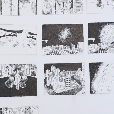 storyboard panels based around the phrase 'the look' done in pen